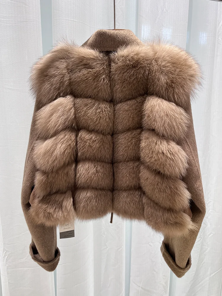 2025 New Women Winter Natural Real Fox Fur Coat Thick Warm Wool Woolen Jacket Cusual Female Outerwear