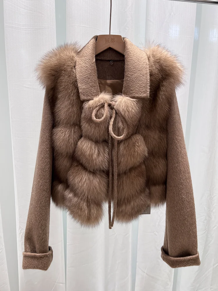 2025 New Women Winter Natural Real Fox Fur Coat Thick Warm Wool Woolen Jacket Cusual Female Outerwear