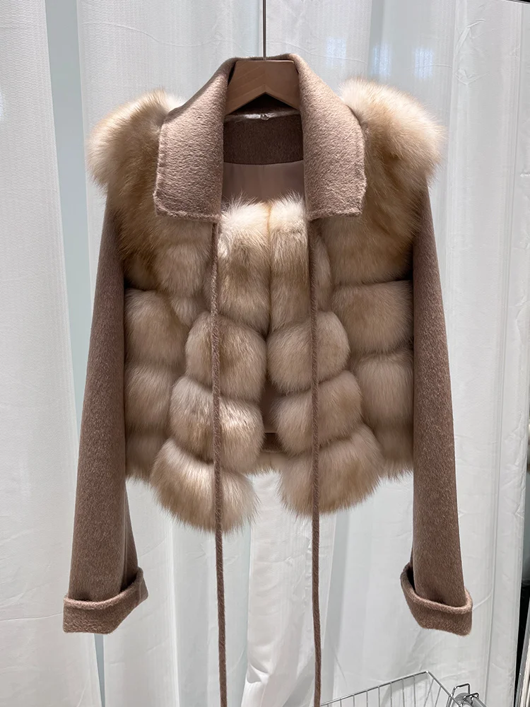2025 New Women Winter Natural Real Fox Fur Coat Thick Warm Wool Woolen Jacket Cusual Female Outerwear
