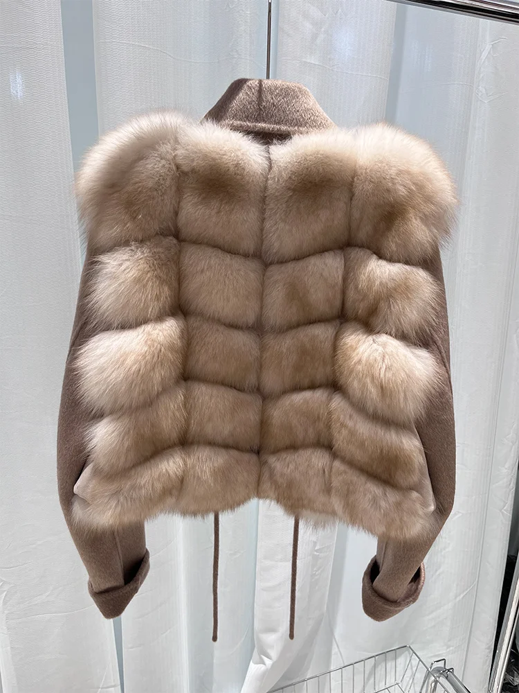 2025 New Women Winter Natural Real Fox Fur Coat Thick Warm Wool Woolen Jacket Cusual Female Outerwear