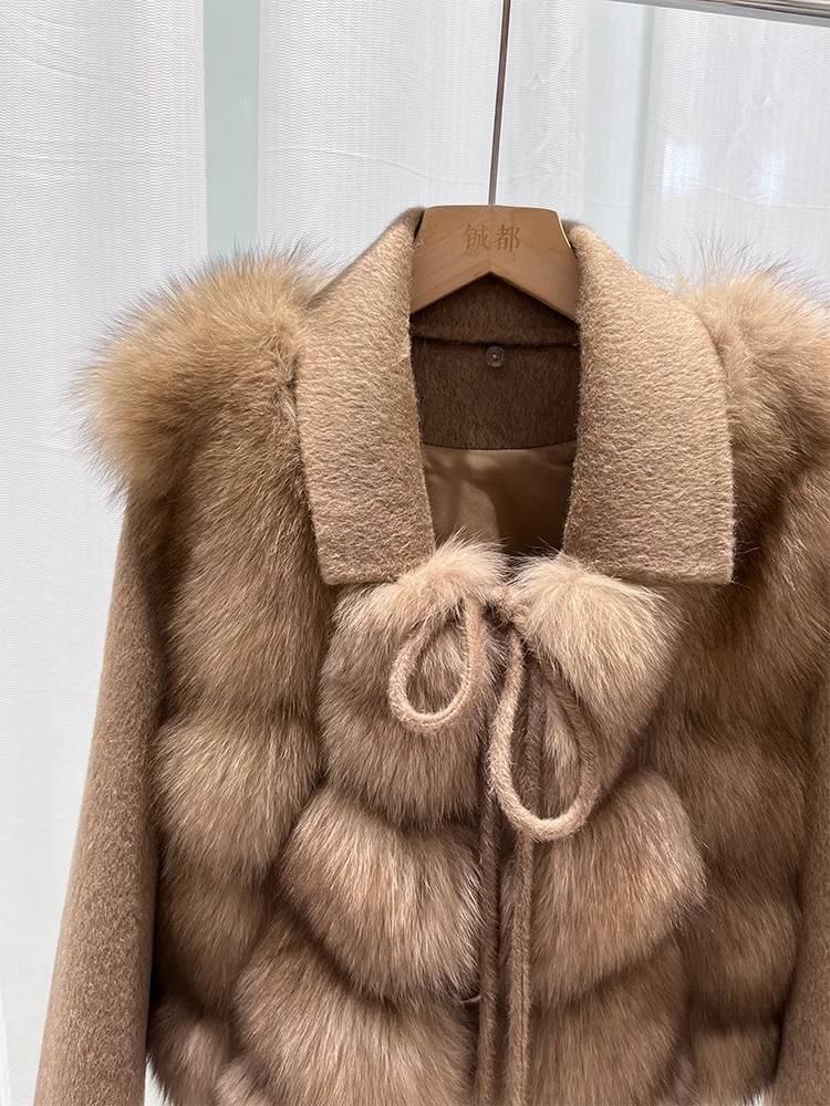 2025 New Women Winter Natural Real Fox Fur Coat Thick Warm Wool Woolen Jacket Cusual Female Outerwear