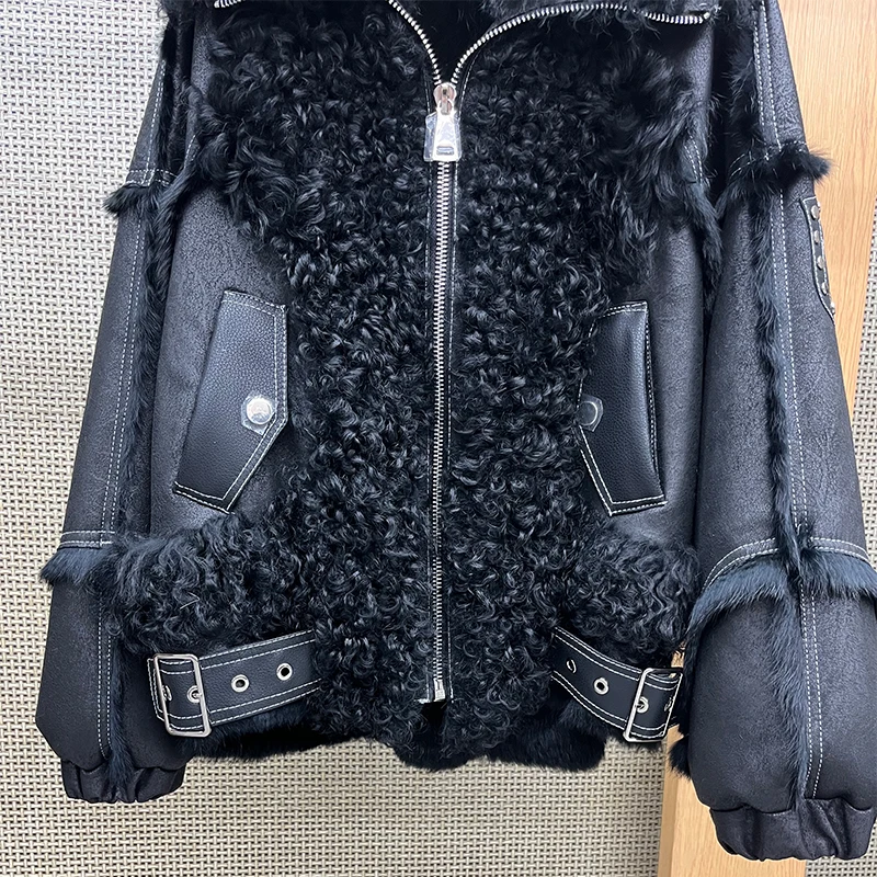 2025 New Real Fur Coat Winter Jacket Women Natural Rabbit Fur Lambswool Collar Luxury Outwear Loose Thick Warm Female Coat