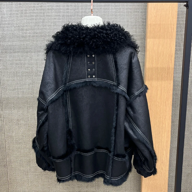 2025 New Real Fur Coat Winter Jacket Women Natural Rabbit Fur Lambswool Collar Luxury Outwear Loose Thick Warm Female Coat
