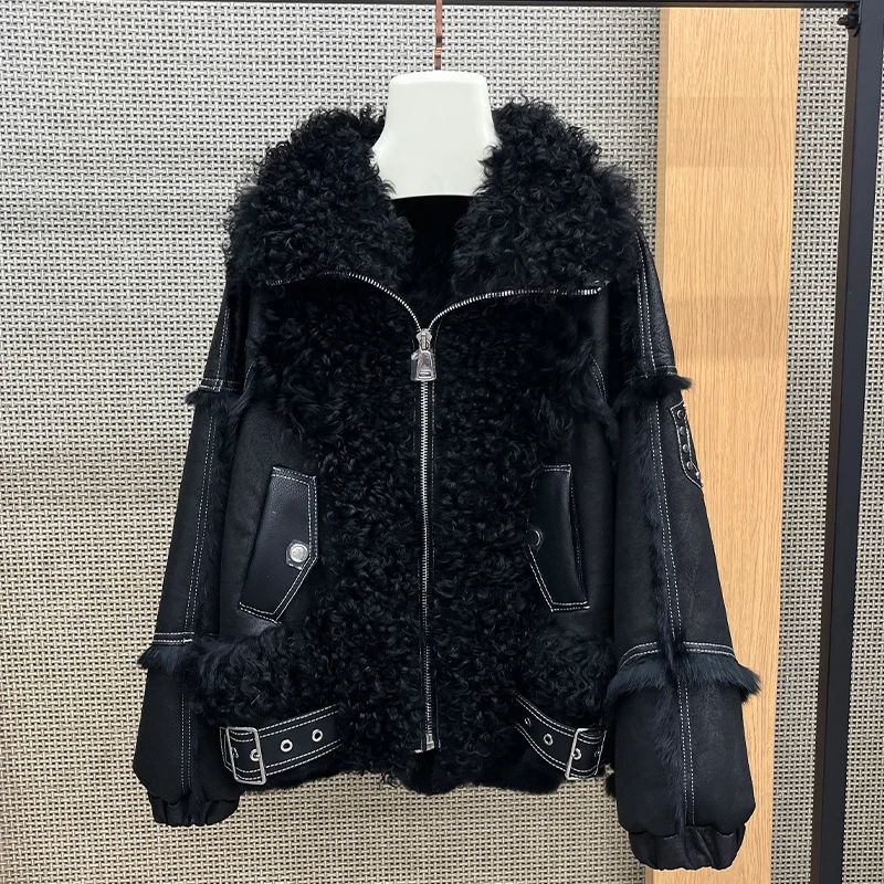 2025 New Real Fur Coat Winter Jacket Women Natural Rabbit Fur Lambswool Collar Luxury Outwear Loose Thick Warm Female Coat