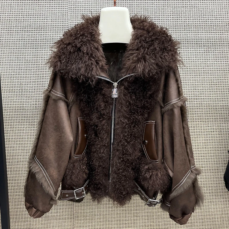 2025 New Real Fur Coat Winter Jacket Women Natural Rabbit Fur Lambswool Collar Luxury Outwear Loose Thick Warm Female Coat