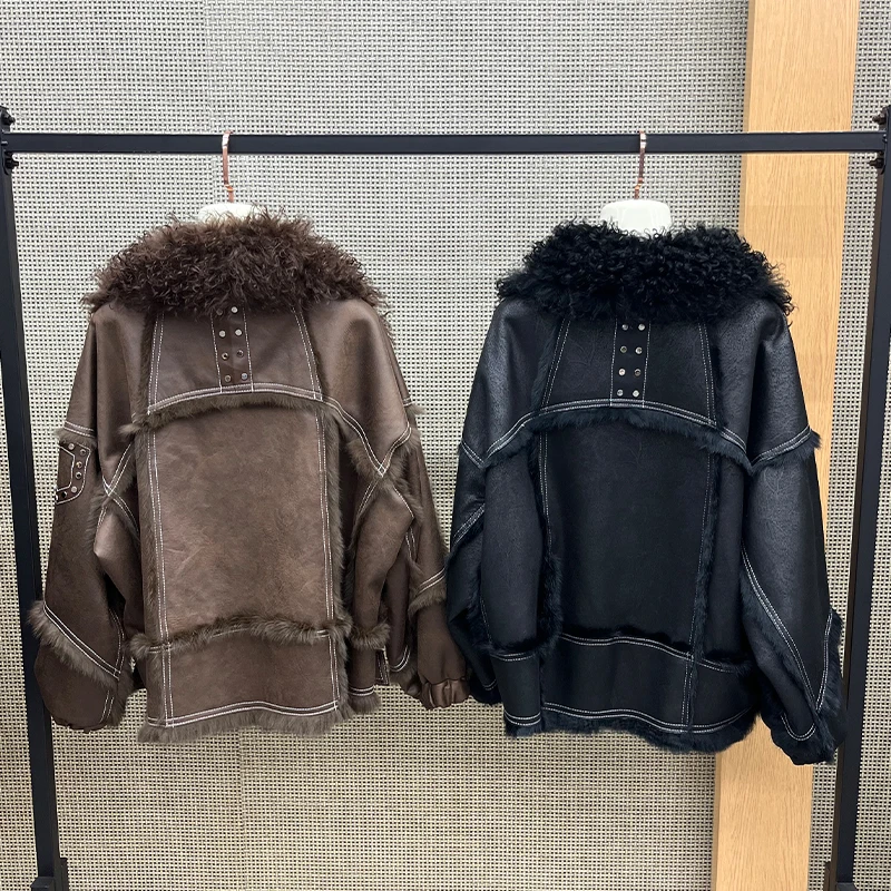 2025 New Real Fur Coat Winter Jacket Women Natural Rabbit Fur Lambswool Collar Luxury Outwear Loose Thick Warm Female Coat