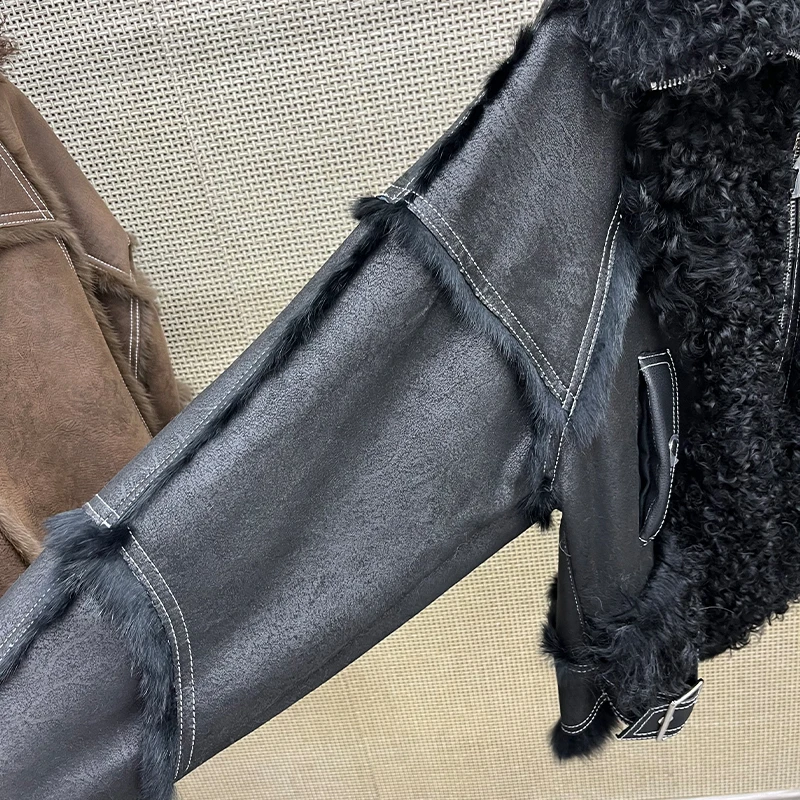 2025 New Real Fur Coat Winter Jacket Women Natural Rabbit Fur Lambswool Collar Luxury Outwear Loose Thick Warm Female Coat
