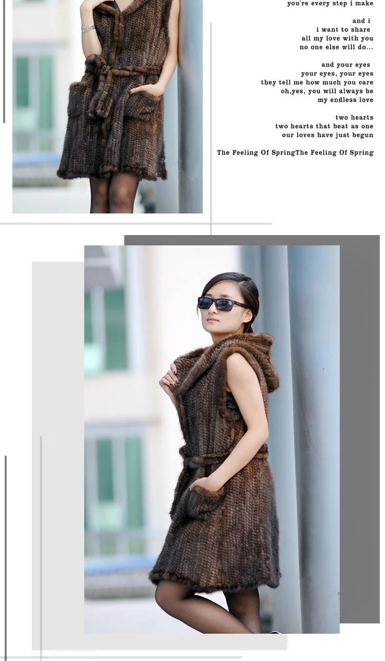 New Genuine Knitted Mink Fur Vest Hooded Mink Fur Vest Warm Winter Fur Coat