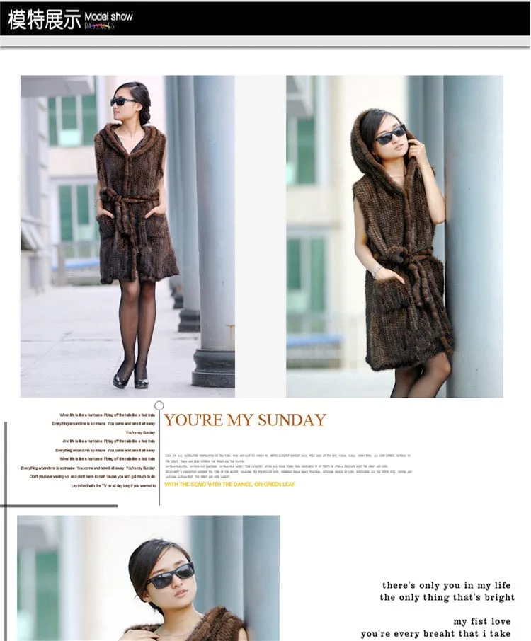 New Genuine Knitted Mink Fur Vest Hooded Mink Fur Vest Warm Winter Fur Coat