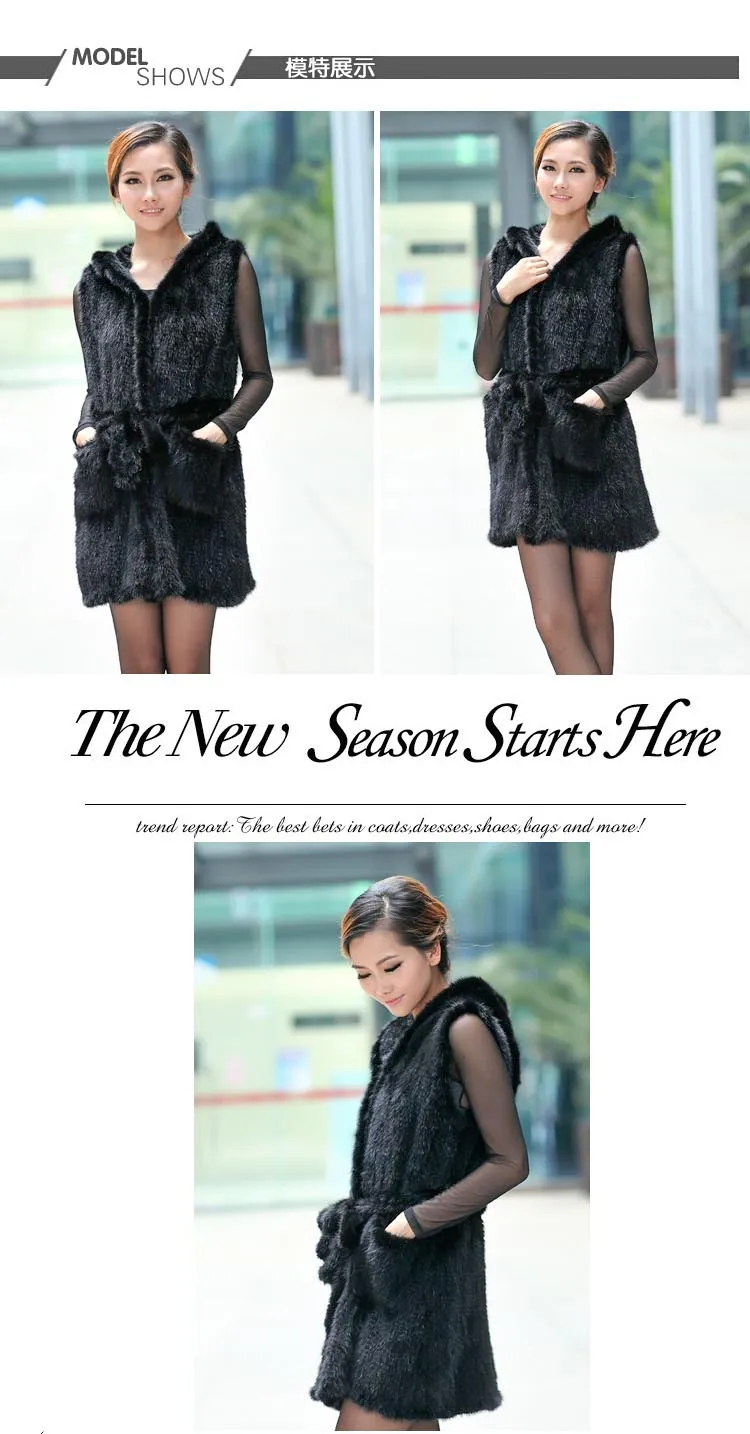 New Genuine Knitted Mink Fur Vest Hooded Mink Fur Vest Warm Winter Fur Coat