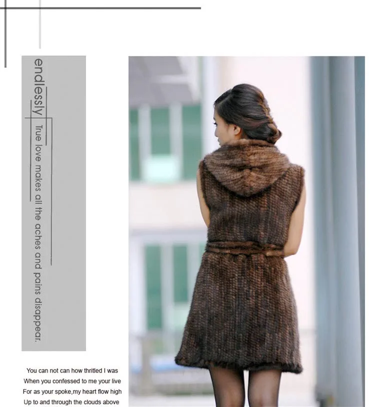 New Genuine Knitted Mink Fur Vest Hooded Mink Fur Vest Warm Winter Fur Coat