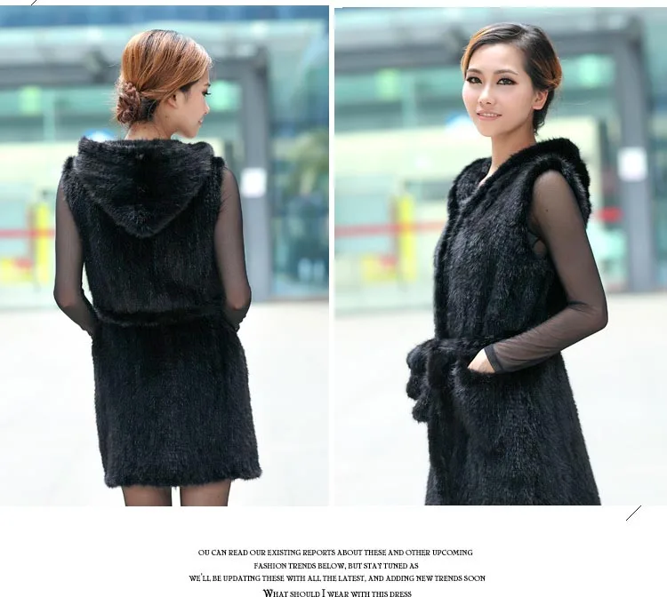 New Genuine Knitted Mink Fur Vest Hooded Mink Fur Vest Warm Winter Fur Coat