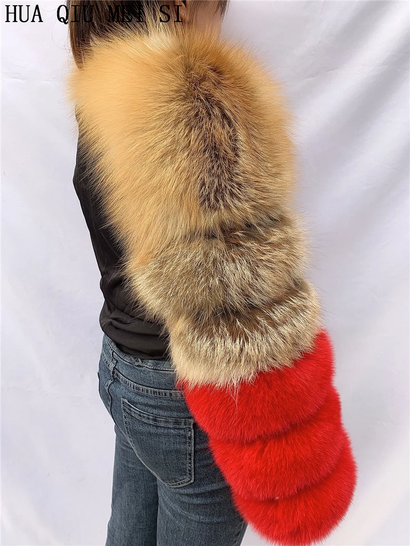 HUAQIUMEISI Natural Real Fox Fur Single and Double Sleeves Women Fur Coat with a Pair of Sleeves Natural Raccoon Fur Jackets