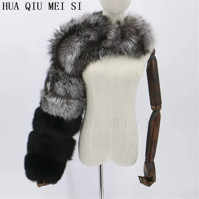 HUAQIUMEISI Natural Real Fox Fur Single and Double Sleeves Women Fur Coat with a Pair of Sleeves Natural Raccoon Fur Jackets