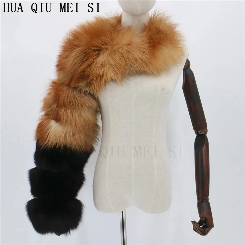 HUAQIUMEISI Natural Real Fox Fur Single and Double Sleeves Women Fur Coat with a Pair of Sleeves Natural Raccoon Fur Jackets
