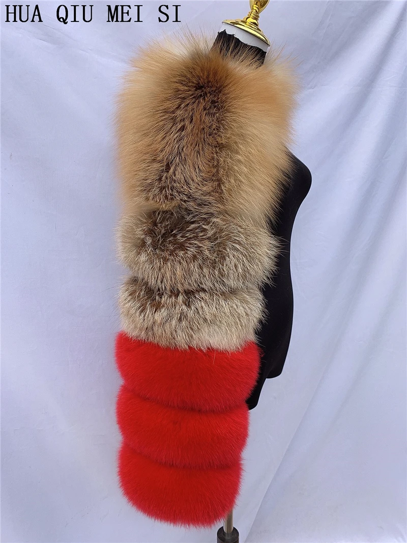 HUAQIUMEISI Natural Real Fox Fur Single and Double Sleeves Women Fur Coat with a Pair of Sleeves Natural Raccoon Fur Jackets