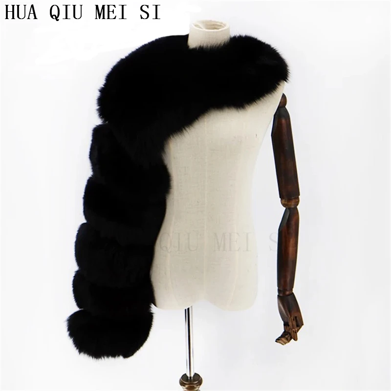 HUAQIUMEISI Natural Real Fox Fur Single and Double Sleeves Women Fur Coat with a Pair of Sleeves Natural Raccoon Fur Jackets