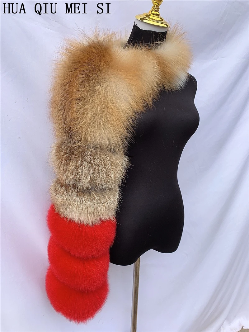 HUAQIUMEISI Natural Real Fox Fur Single and Double Sleeves Women Fur Coat with a Pair of Sleeves Natural Raccoon Fur Jackets