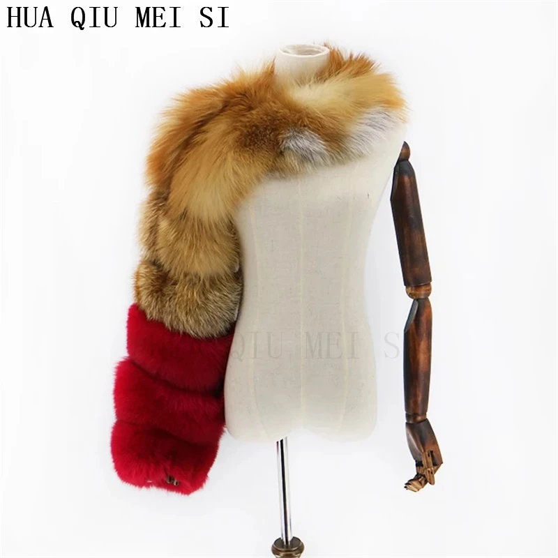 HUAQIUMEISI Natural Real Fox Fur Single and Double Sleeves Women Fur Coat with a Pair of Sleeves Natural Raccoon Fur Jackets