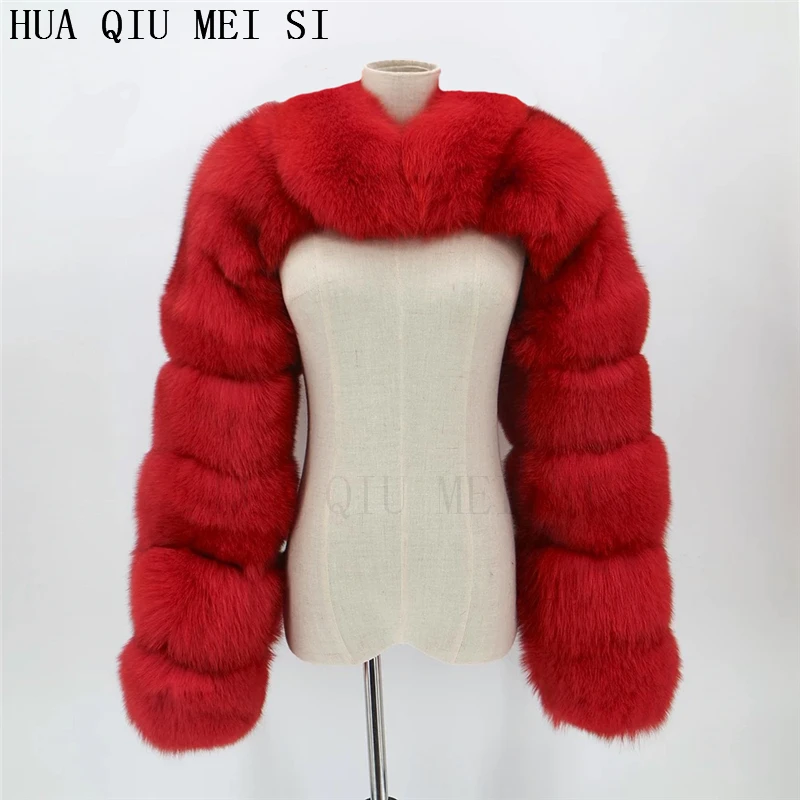 HUAQIUMEISI Natural Real Fox Fur Single and Double Sleeves Women Fur Coat with a Pair of Sleeves Natural Raccoon Fur Jackets