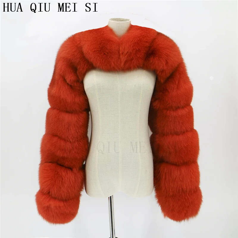 HUAQIUMEISI Natural Real Fox Fur Single and Double Sleeves Women Fur Coat with a Pair of Sleeves Natural Raccoon Fur Jackets