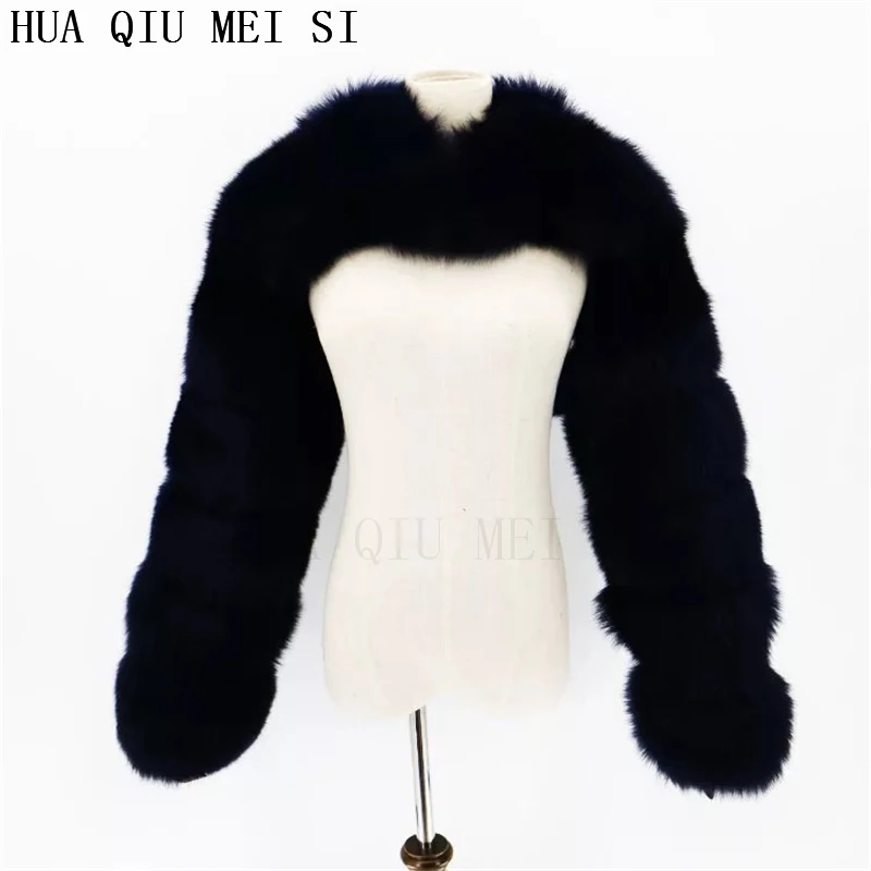 HUAQIUMEISI Natural Real Fox Fur Single and Double Sleeves Women Fur Coat with a Pair of Sleeves Natural Raccoon Fur Jackets