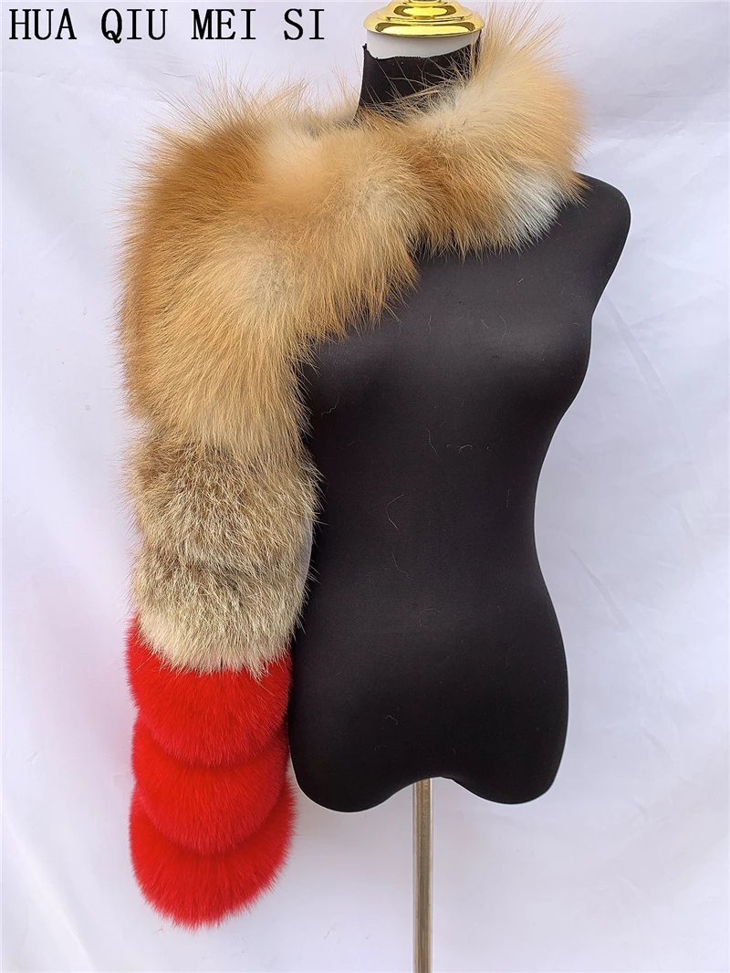 HUAQIUMEISI Natural Real Fox Fur Single and Double Sleeves Women Fur Coat with a Pair of Sleeves Natural Raccoon Fur Jackets