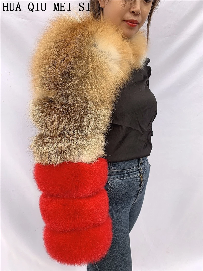 HUAQIUMEISI Natural Real Fox Fur Single and Double Sleeves Women Fur Coat with a Pair of Sleeves Natural Raccoon Fur Jackets