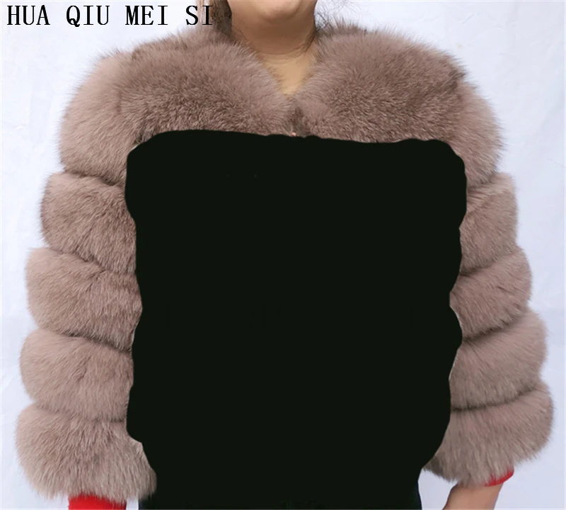 HUAQIUMEISI Natural Real Fox Fur Single and Double Sleeves Women Fur Coat with a Pair of Sleeves Natural Raccoon Fur Jackets