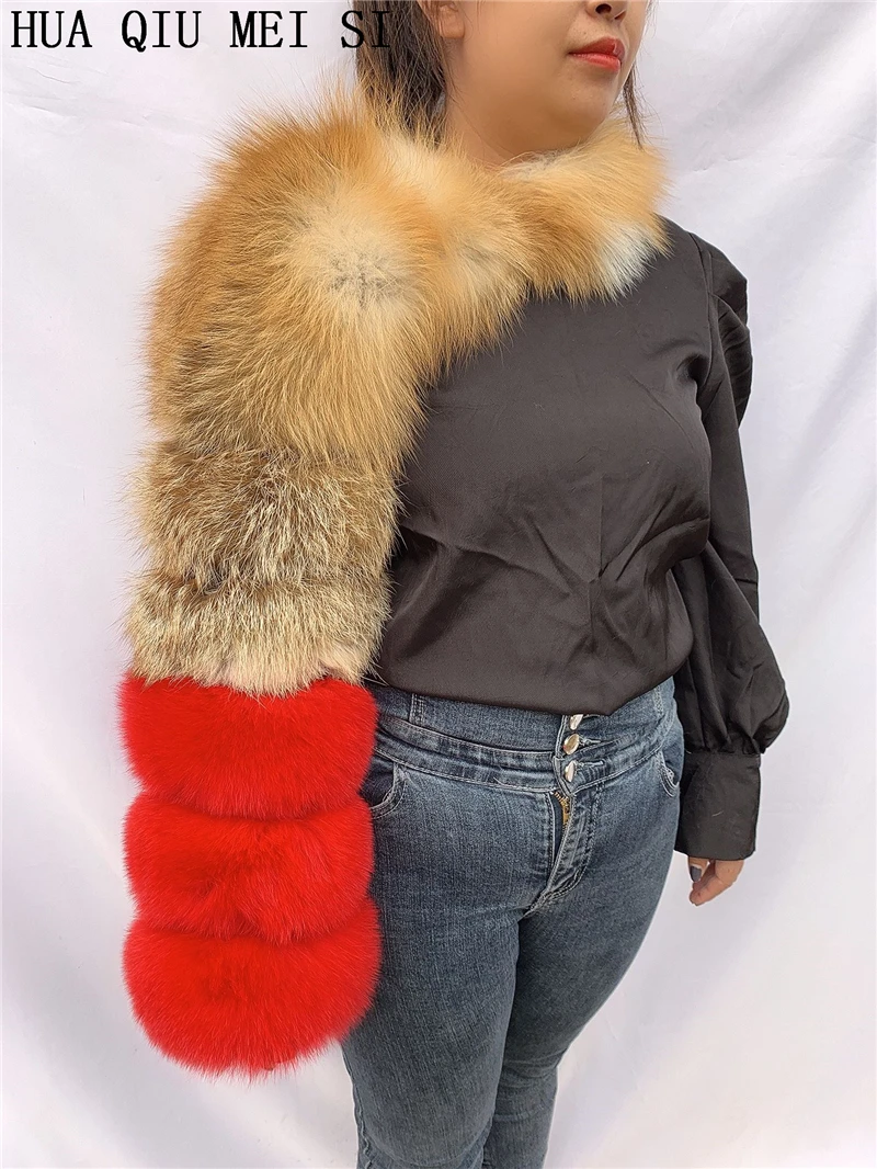 HUAQIUMEISI Natural Real Fox Fur Single and Double Sleeves Women Fur Coat with a Pair of Sleeves Natural Raccoon Fur Jackets