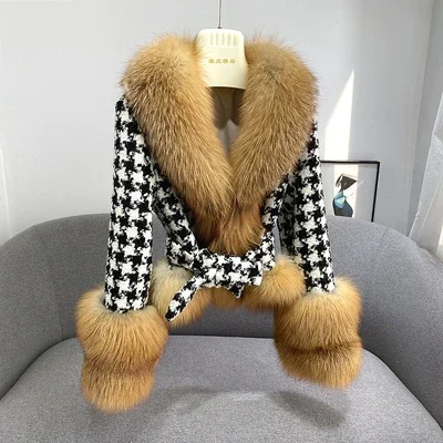 Real Fur Coat Winter Jacket Women Natural Fox Fur Collar silver fox color Belts Thick Warm Luxury Plaid Outerwear