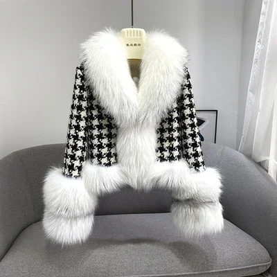 Real Fur Coat Winter Jacket Women Natural Fox Fur Collar silver fox color Belts Thick Warm Luxury Plaid Outerwear