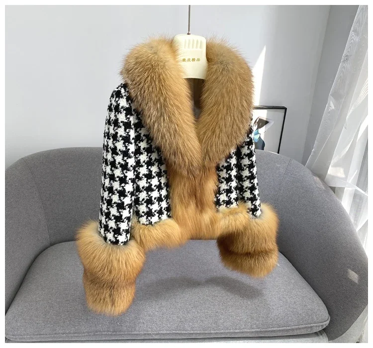 Real Fur Coat Winter Jacket Women Natural Fox Fur Collar silver fox color Belts Thick Warm Luxury Plaid Outerwear