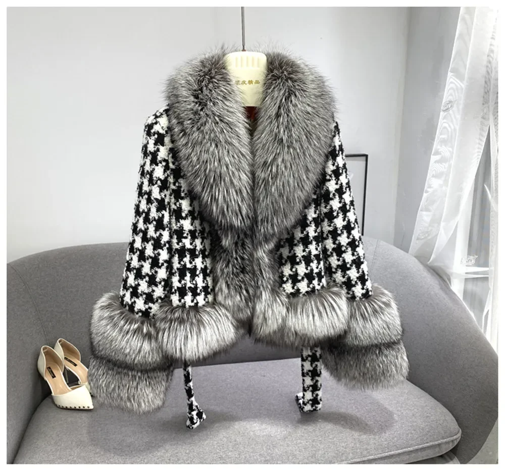 Real Fur Coat Winter Jacket Women Natural Fox Fur Collar silver fox color Belts Thick Warm Luxury Plaid Outerwear