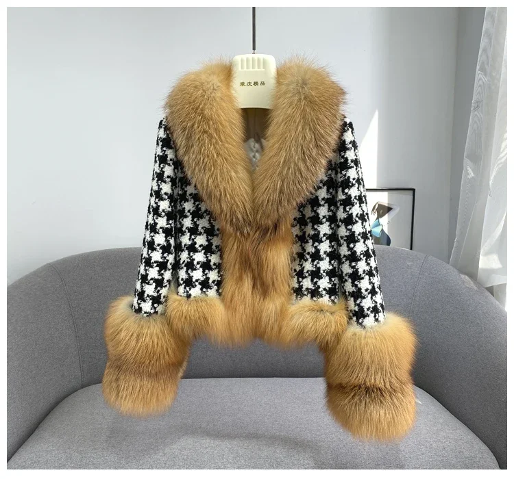 Real Fur Coat Winter Jacket Women Natural Fox Fur Collar silver fox color Belts Thick Warm Luxury Plaid Outerwear
