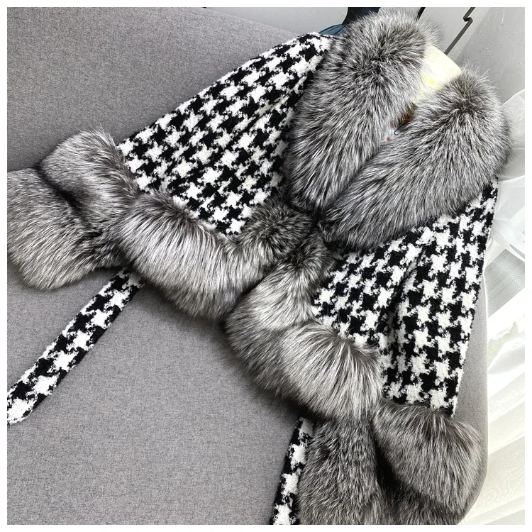 Real Fur Coat Winter Jacket Women Natural Fox Fur Collar silver fox color Belts Thick Warm Luxury Plaid Outerwear