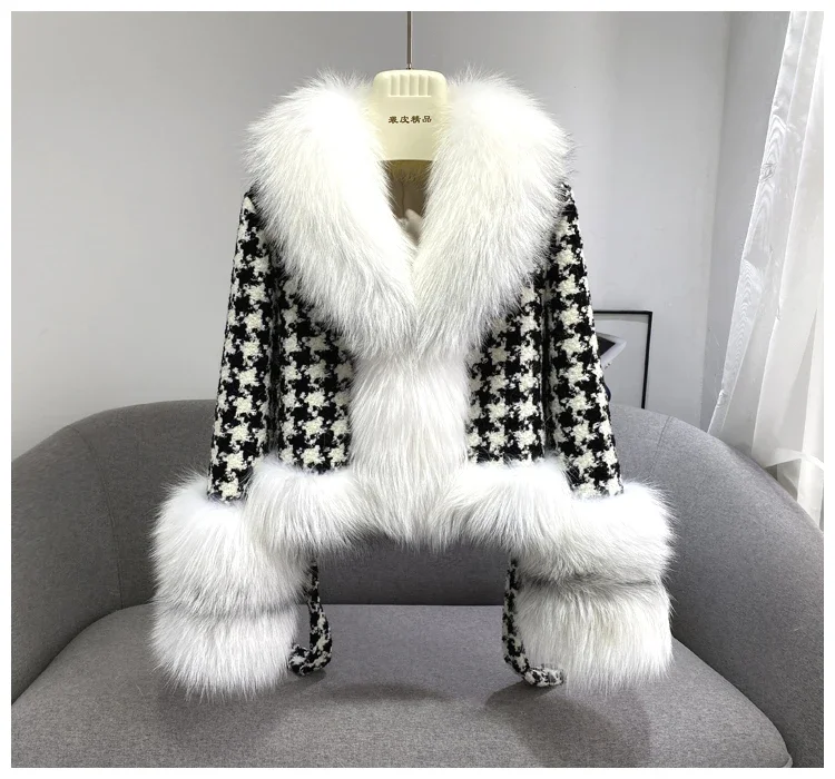 Real Fur Coat Winter Jacket Women Natural Fox Fur Collar silver fox color Belts Thick Warm Luxury Plaid Outerwear