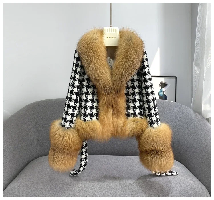 Real Fur Coat Winter Jacket Women Natural Fox Fur Collar silver fox color Belts Thick Warm Luxury Plaid Outerwear