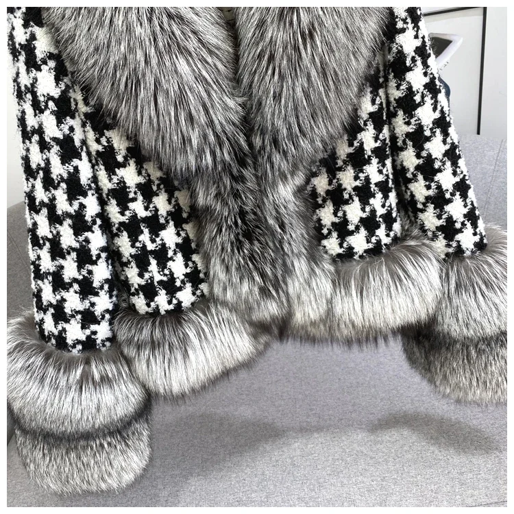 Real Fur Coat Winter Jacket Women Natural Fox Fur Collar silver fox color Belts Thick Warm Luxury Plaid Outerwear