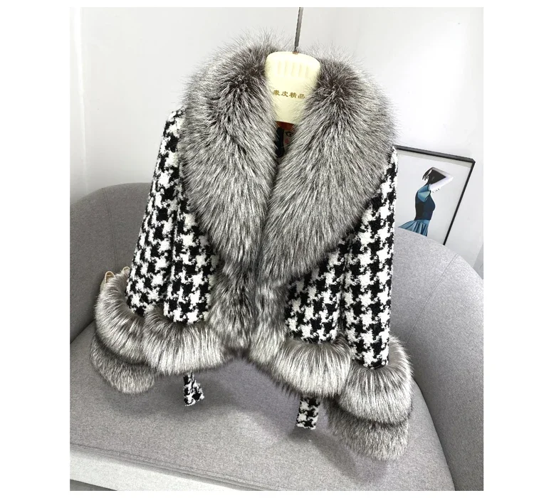 Real Fur Coat Winter Jacket Women Natural Fox Fur Collar silver fox color Belts Thick Warm Luxury Plaid Outerwear