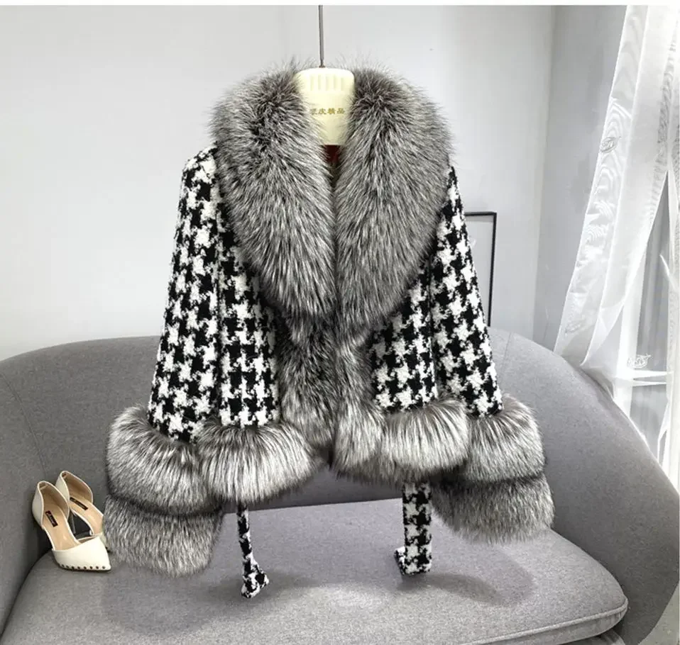 Real Fur Coat Winter Jacket Women Natural Fox Fur Collar silver fox color Belts Thick Warm Luxury Plaid Outerwear