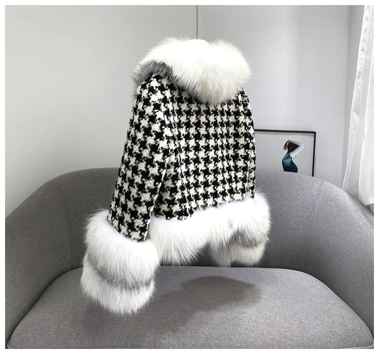 Real Fur Coat Winter Jacket Women Natural Fox Fur Collar silver fox color Belts Thick Warm Luxury Plaid Outerwear