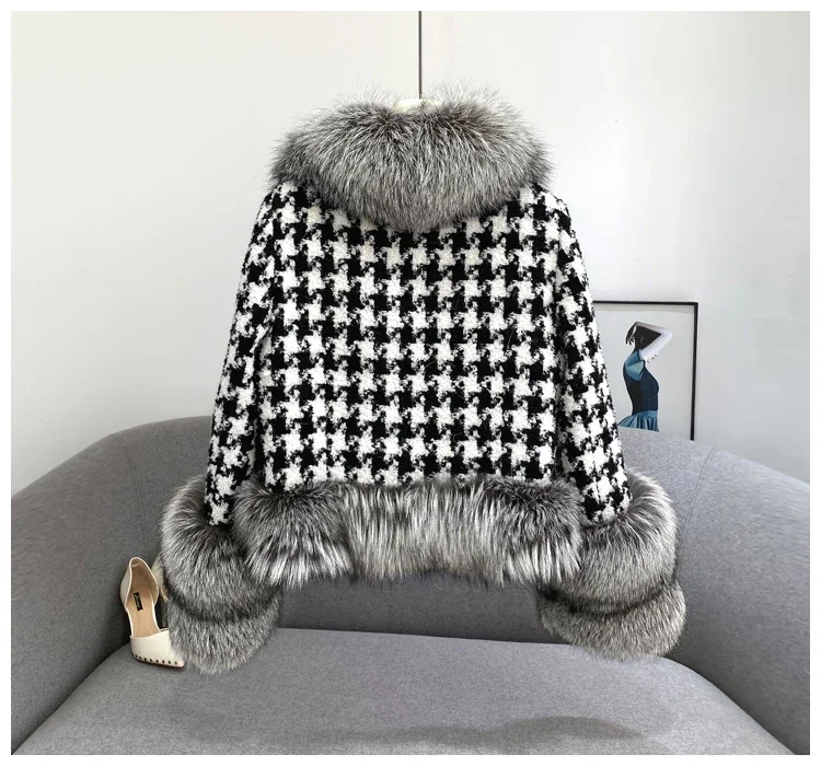 Real Fur Coat Winter Jacket Women Natural Fox Fur Collar silver fox color Belts Thick Warm Luxury Plaid Outerwear