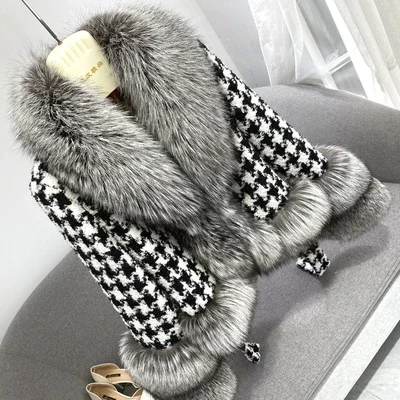 Real Fur Coat Winter Jacket Women Natural Fox Fur Collar silver fox color Belts Thick Warm Luxury Plaid Outerwear