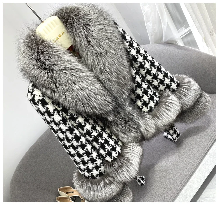 Real Fur Coat Winter Jacket Women Natural Fox Fur Collar silver fox color Belts Thick Warm Luxury Plaid Outerwear