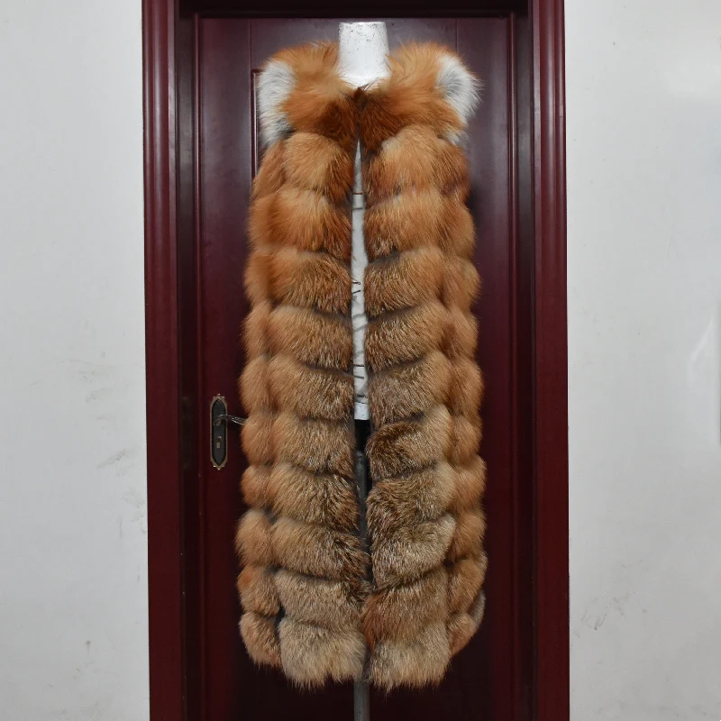 Winter Red Fox Fur Vest Female Real Extended Long  Women Red Fox Fur Waistcoat Natural Fox Fur Waistcoat Long