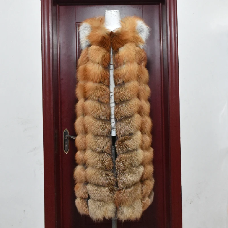 Winter Red Fox Fur Vest Female Real Extended Long  Women Red Fox Fur Waistcoat Natural Fox Fur Waistcoat Long