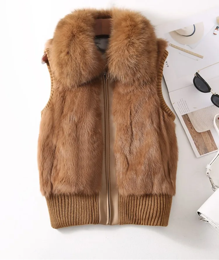 Women's Genuine Real Rabbit Fur Fox Fur Collar Knitting Women's Winter vest Fur Jacket Casual Short Outwear Slim with zipper