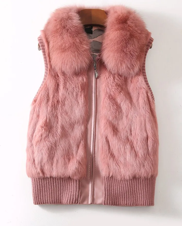 Women's Genuine Real Rabbit Fur Fox Fur Collar Knitting Women's Winter vest Fur Jacket Casual Short Outwear Slim with zipper