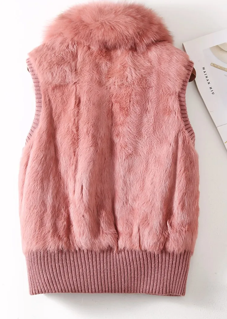 Women's Genuine Real Rabbit Fur Fox Fur Collar Knitting Women's Winter vest Fur Jacket Casual Short Outwear Slim with zipper